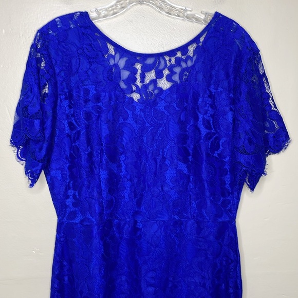MSLG Sheath Blue Dress Lace Overlay Short Sleeves Croquette Scalloped Hem NWT Lg - Picture 3 of 11